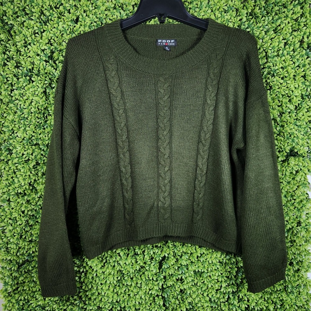Poof New York Womens Junior Olive Green Cable Knit Cropped Sweater Small 254133